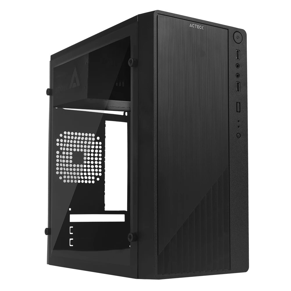 Gabinete Compacto Mini Torre | Kioto GC220 | Max MB M-ATX + Fuente ATX 500 W + 2x USB 2.0 + Panel Izq Acrilico + Frente Solido | Negro
