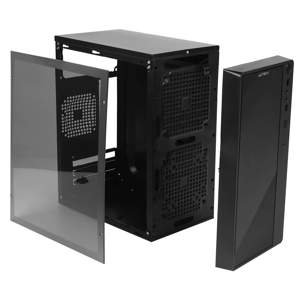 Gabinete Compacto Mini Torre | Kioto GC220 | Max MB M-ATX + Fuente ATX 500 W + 2x USB 2.0 + Panel Izq Acrilico + Frente Solido | Negro