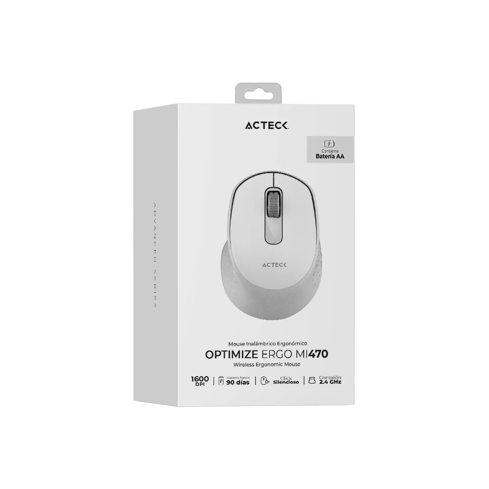 Mouse Ergonómico | Optimize Ergo MI470 | Inalámbrico 2.4 GHz + 1600 DPI + 2 Botones + 1xBat AA Incluída | Advanced Series | Blanco