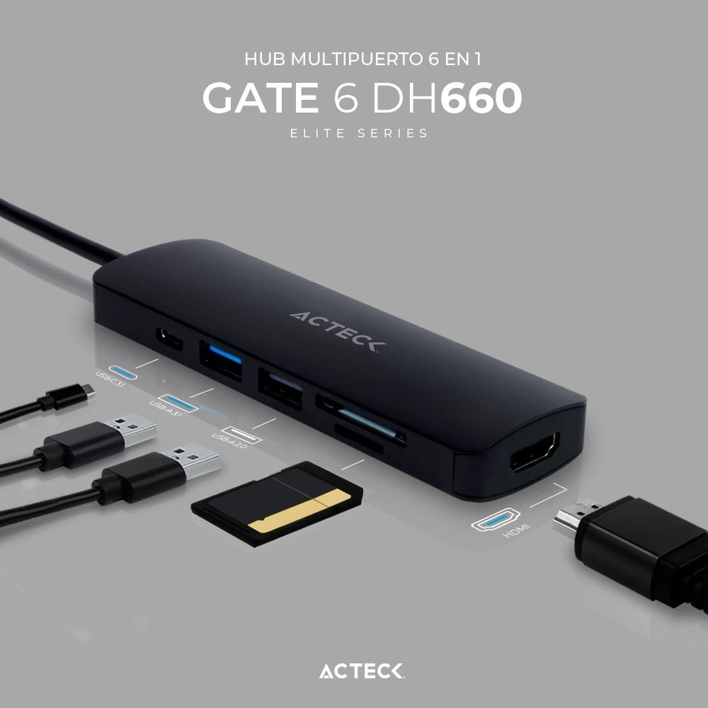 HUB USB C | Gate 6 DH660 | 4K Hdmi + 1xUSB A 3.0 + 1xUSB A 2.0 + TF/SD + USB C PD Charging 60W