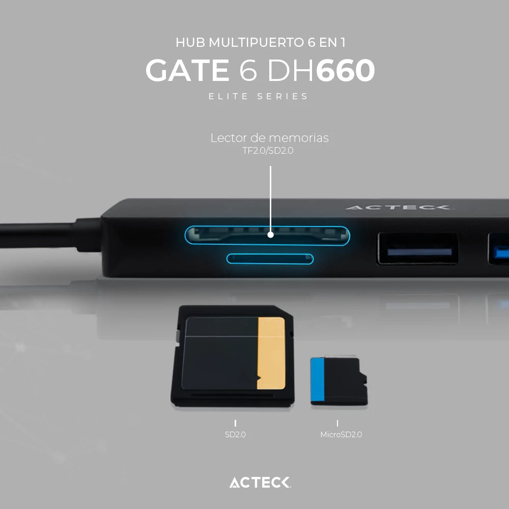 HUB USB C | Gate 6 DH660 | 4K Hdmi + 1xUSB A 3.0 + 1xUSB A 2.0 + TF/SD + USB C PD Charging 60W