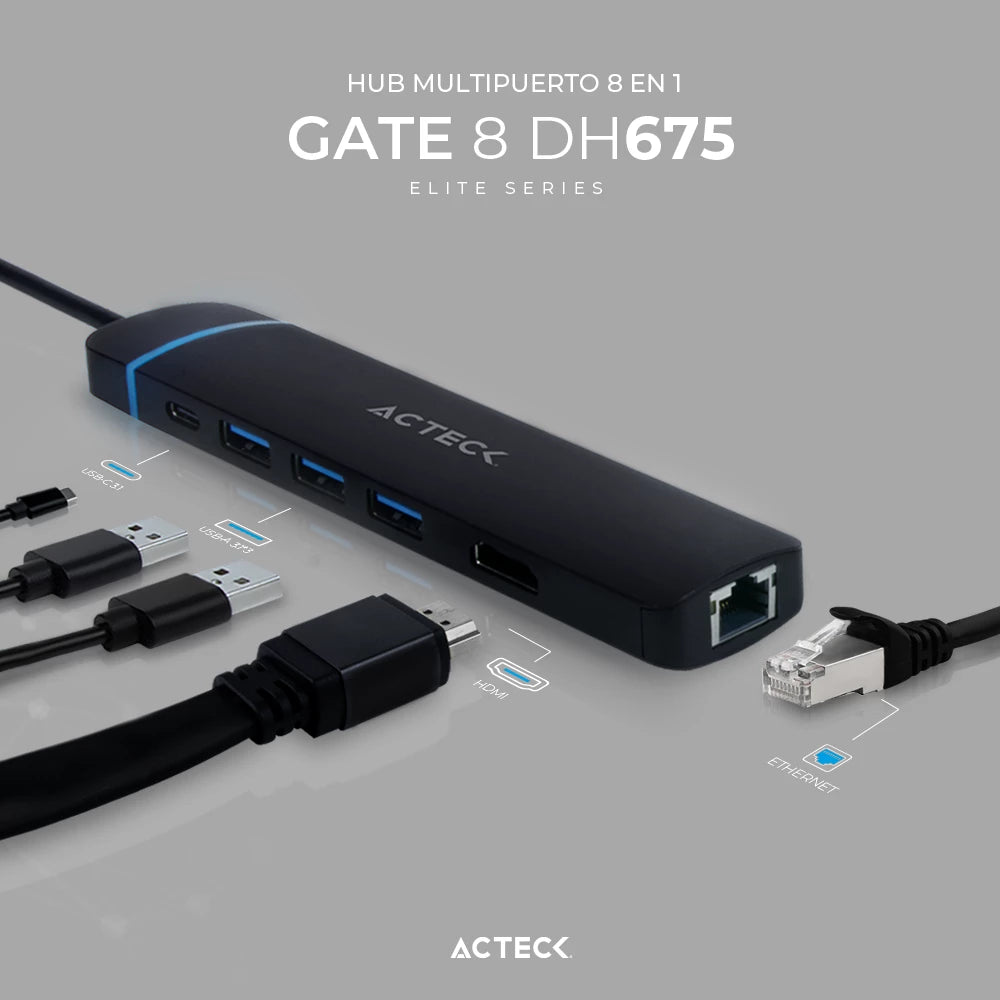 HUB USB C | Gate 8 DH675 | 4K Hdmi + Ethernet 1000 Mbps + 3xUSB A 3.0 + SD/TF + USB C PD Charging 80W