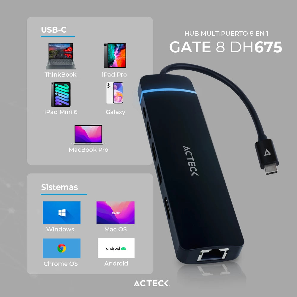 HUB USB C | Gate 8 DH675 | 4K Hdmi + Ethernet 1000 Mbps + 3xUSB A 3.0 + SD/TF + USB C PD Charging 80W