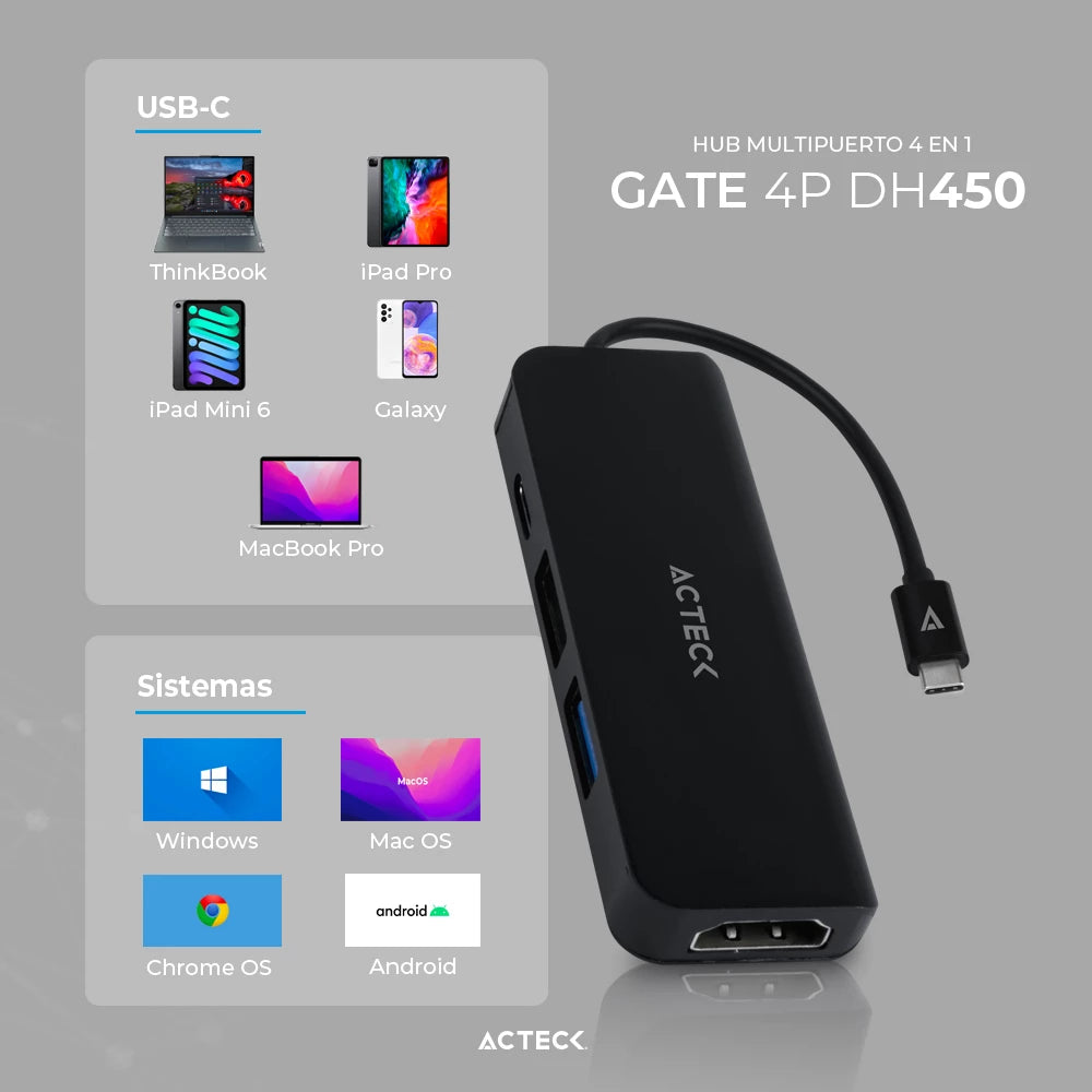 HUB USB C | Gate 5P DH645 | 4k Hdmi + 1xUSB A 3.0 + 1xUSB A 2.0 + USB C PD Charging