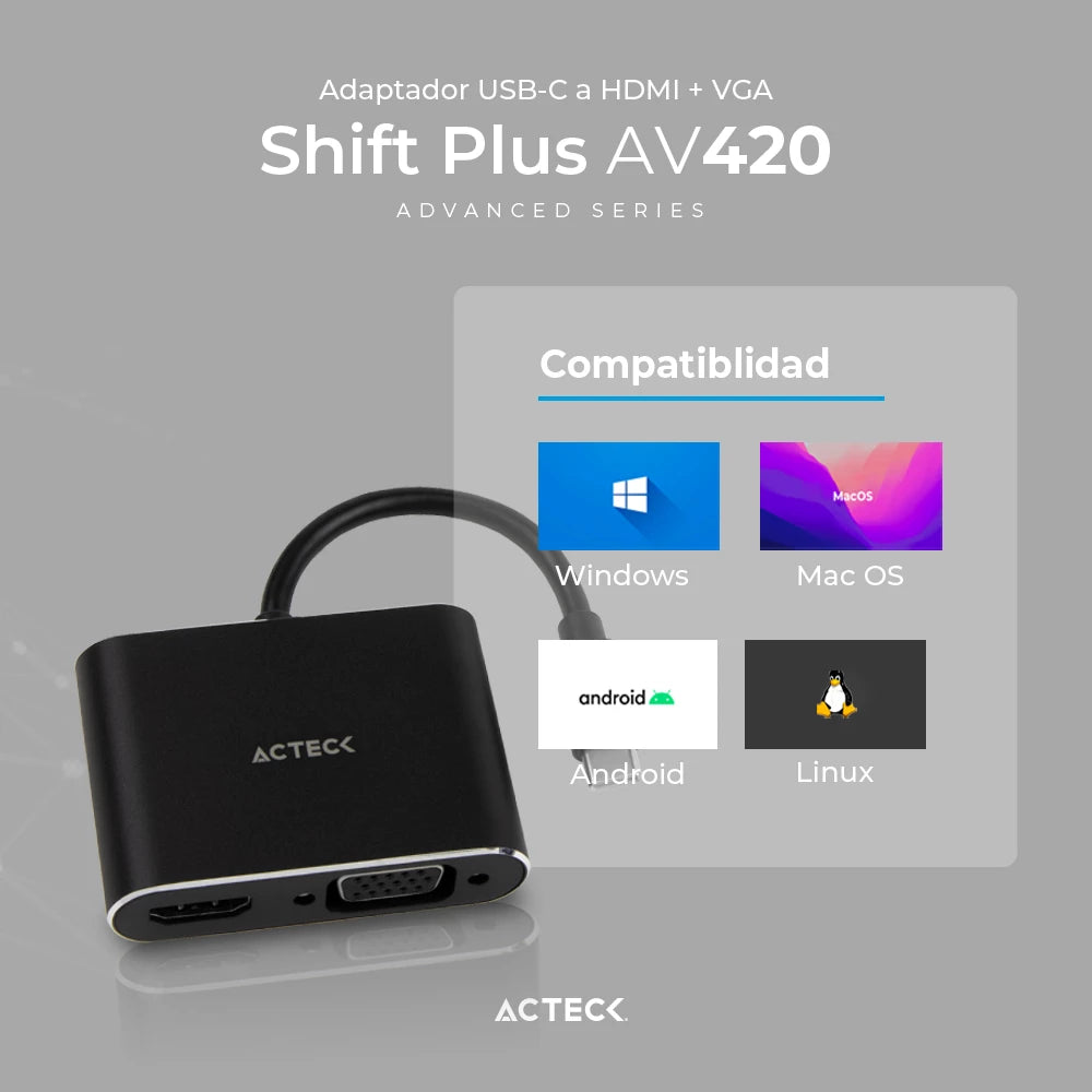 Adaptador USB C a HDMI + VGA | Shift Plus AV420 | 2 en 1 Para Video Hasta 4k Macho a Hembra/Hembra | Advanced Series Negro