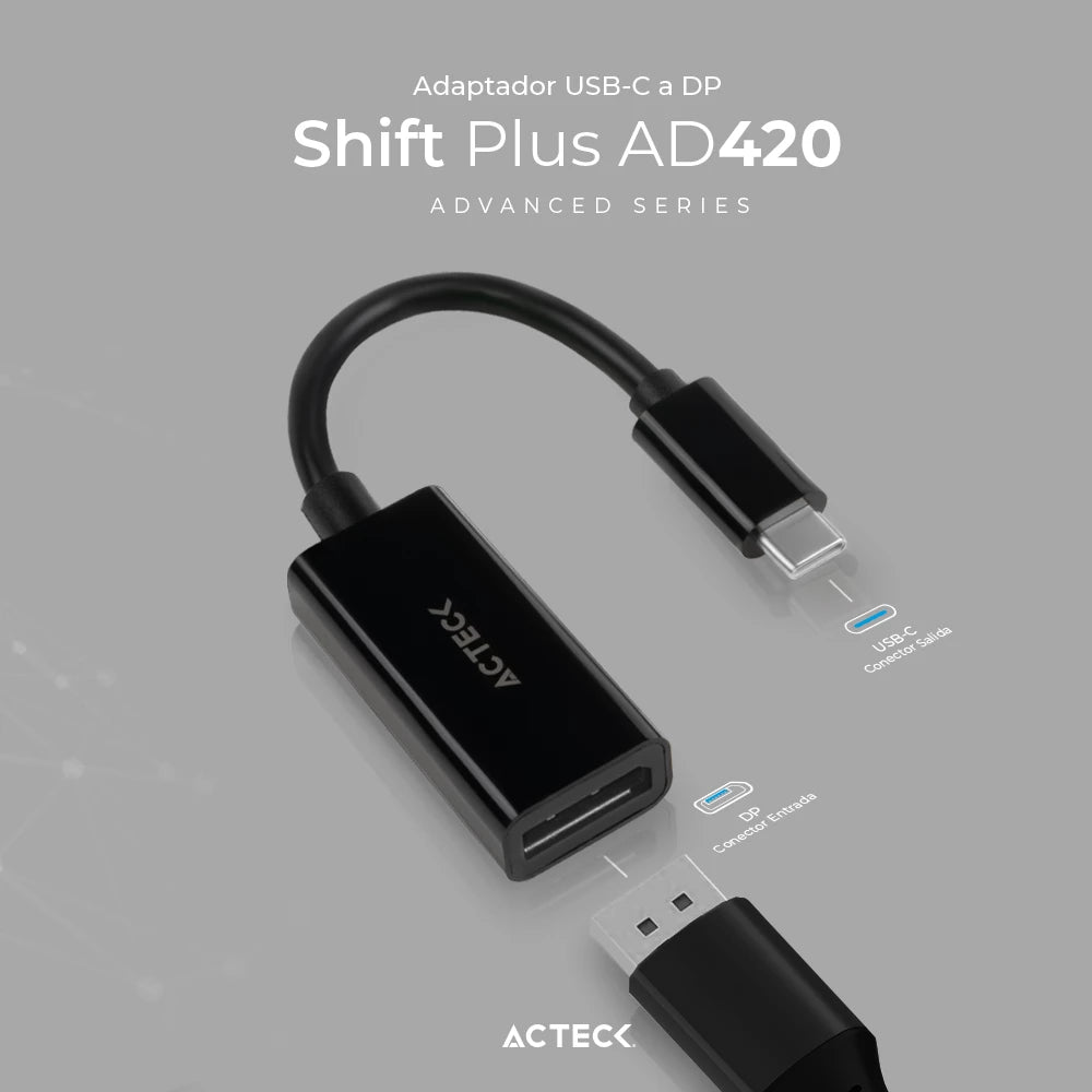 Adaptador USB C a DisplayPort | Shift Plus AD420 | Para Video Hasta 4k Macho a Hembra | Advanced Series Negro