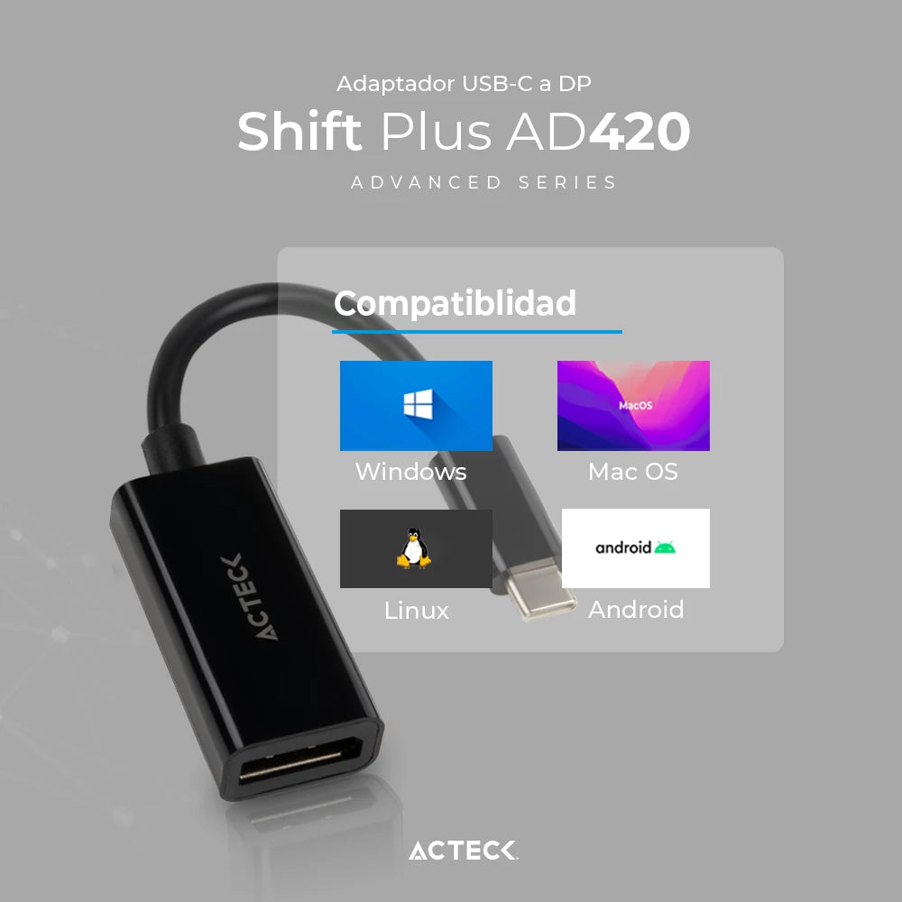 Adaptador USB C a DisplayPort | Shift Plus AD420 | Negro