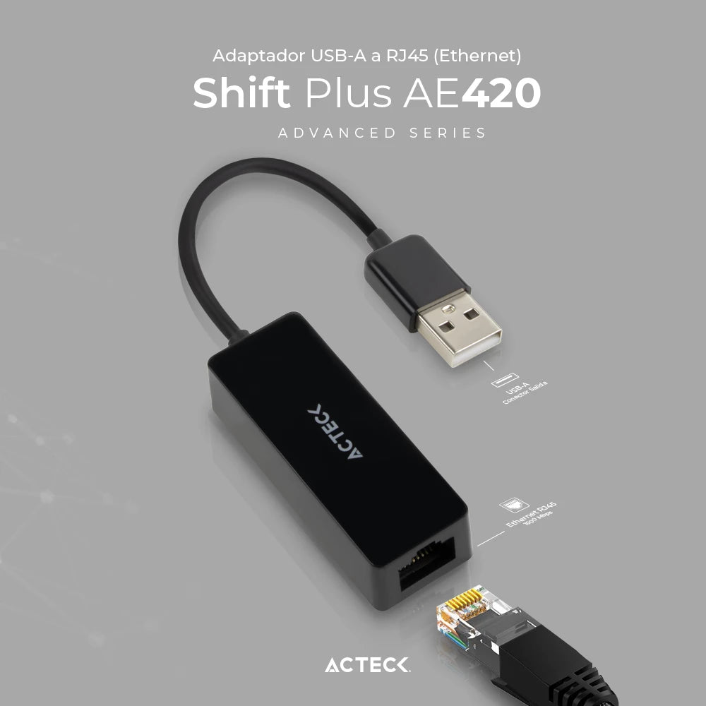 Adaptador USB A a Ethernet RJ45 | Shift Plus AE420 | para Red Hasta 100 Mbps Macho a Hembra Advanced Series Negro