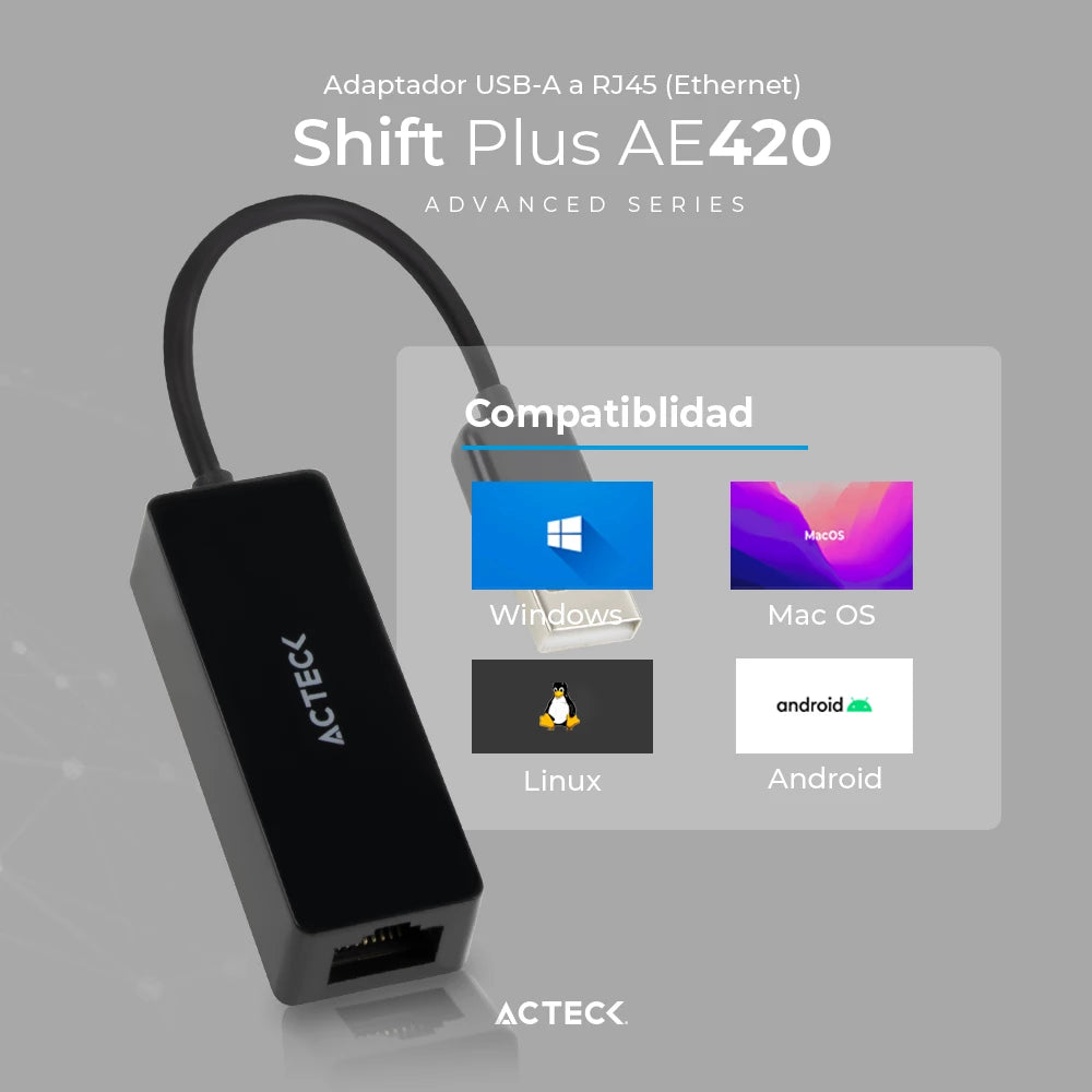 Adaptador USB A a Ethernet RJ45 | Shift Plus AE420 | Negro