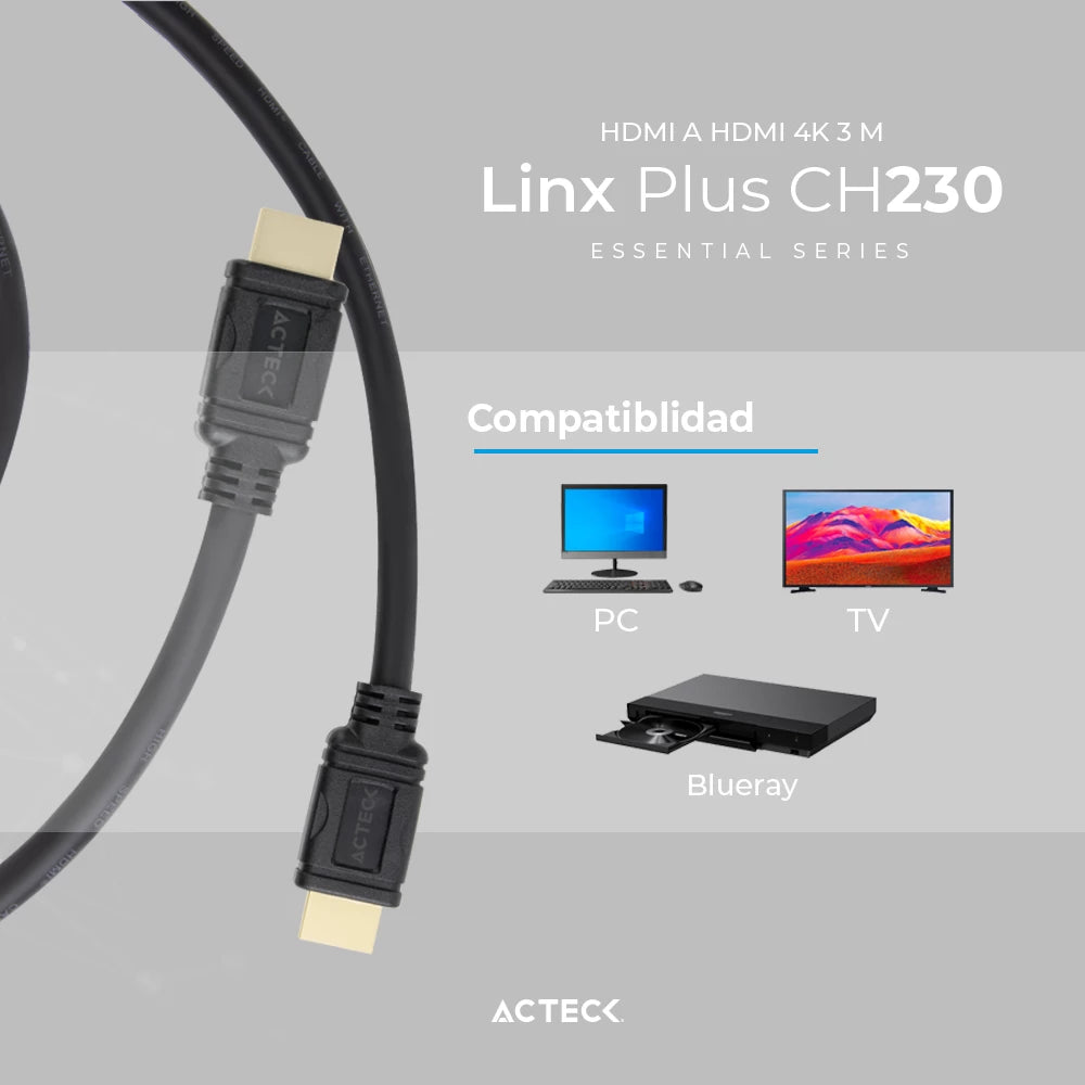 Cable HDMI a HDMI | Linx Plus 230 | 3m + High Speed 10.2 Gbps + ARC + Ethernet + Calibre 32 AWG 4K + 3D + 2160p + Macho a Macho | Essential Series Negro