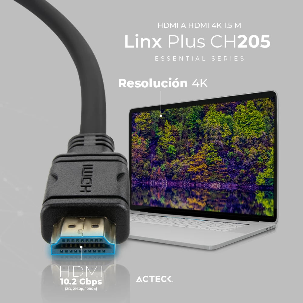 Cable HDMI a HDMI | Linx Plus 205 | 1.5m + High Speed 10.2 Gbps + ARC + Ethernet + Calibre 32 AWG 4K + 3D + 2160p + Macho a Macho | Essential Series Negro