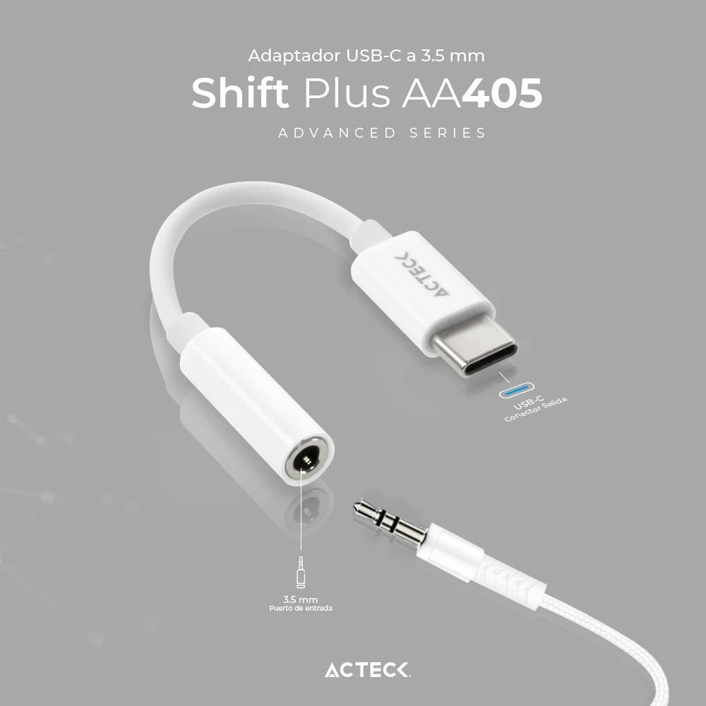 Adaptador USB C a Jack 3.5mm | Shift Plus AA405 | Para Auriculares Macho a Hembra | Advanced Series Blanco