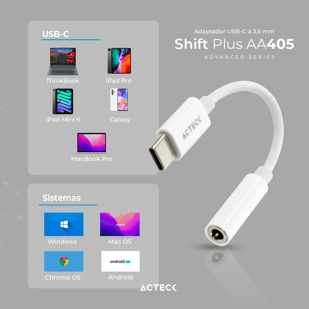 Adaptador USB C a Jack 3.5mm | Shift Plus AA405 | Blanco