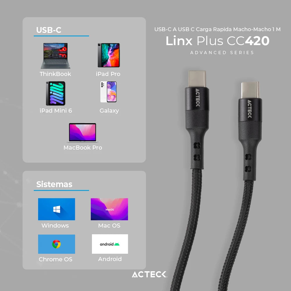 Cable USB C a USB C | Linx Plus CC420 | Carga Ultra Rápida | 60W | 1.8 m | Nylon Trenzado | Macho a Macho | Advanced | Negro