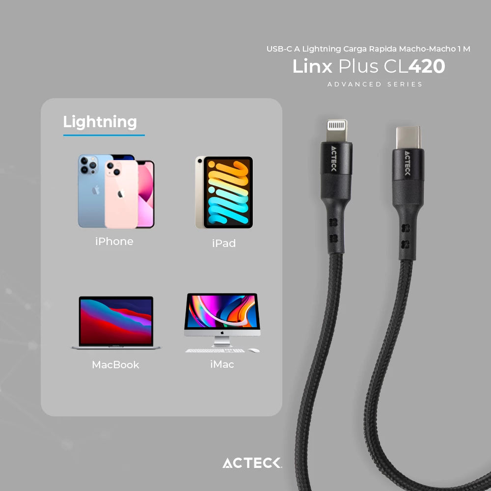 Cable USB C a Lightning | Linx Plus CL420 | Carga Ultra Rápida | 27 W | 1.8 m | Nylon Trenzado | Macho a Macho | Advanced | Negro