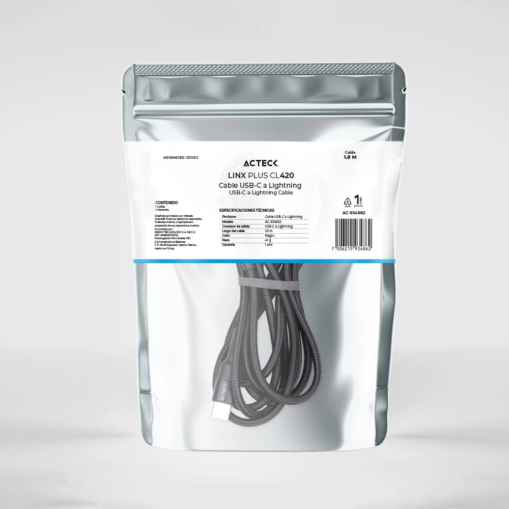 Cable USB C a Lightning | Linx Plus CL420 | Carga Ultra Rápida | 27 W | 1.8 m | Nylon Trenzado | Macho a Macho | Advanced | Negro