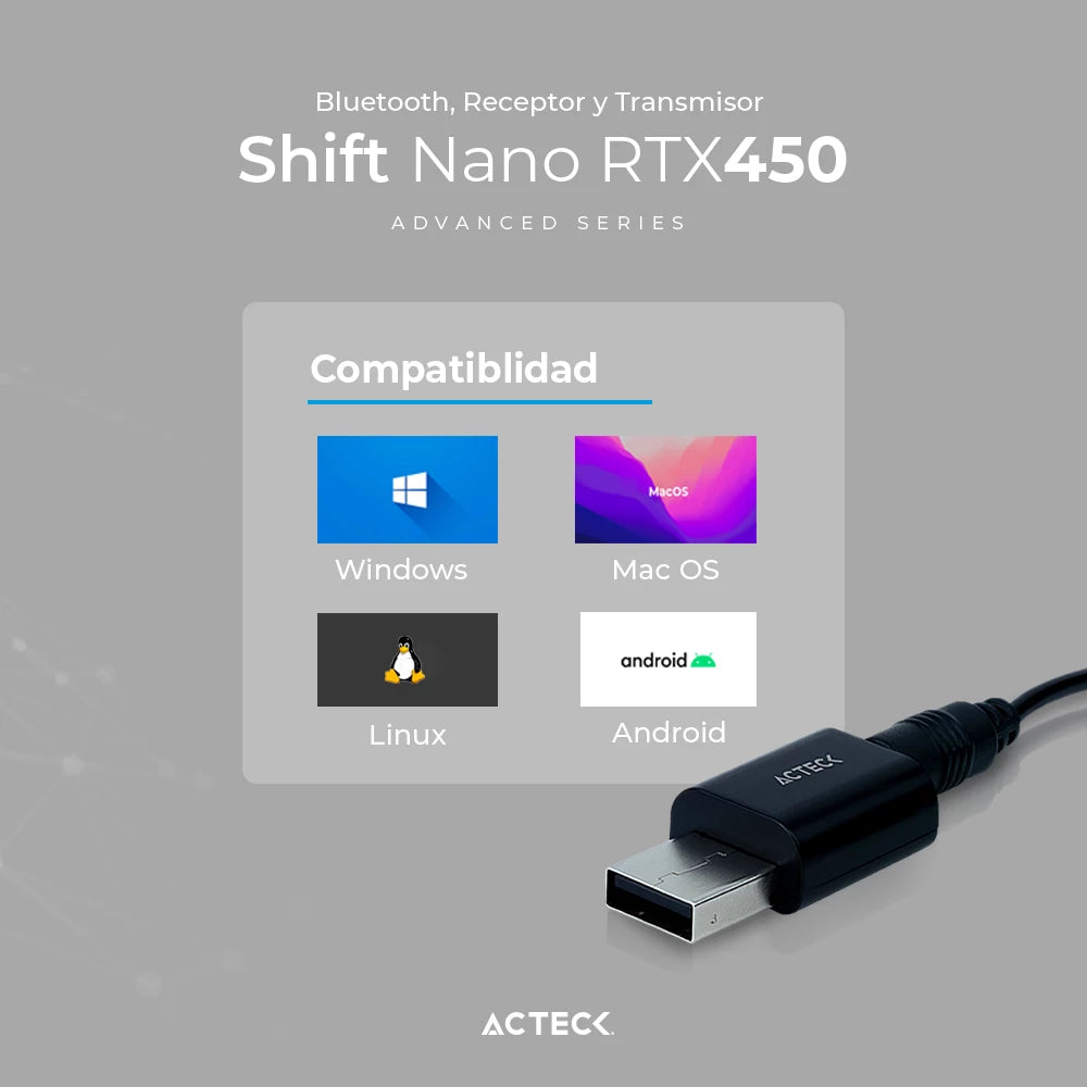 Adaptador Bluetooth USB A | Shift Nano RTX450 | Tipo Dongle Bluetooth 5.0 + Aux 3.5mm | Advanced Series Negro