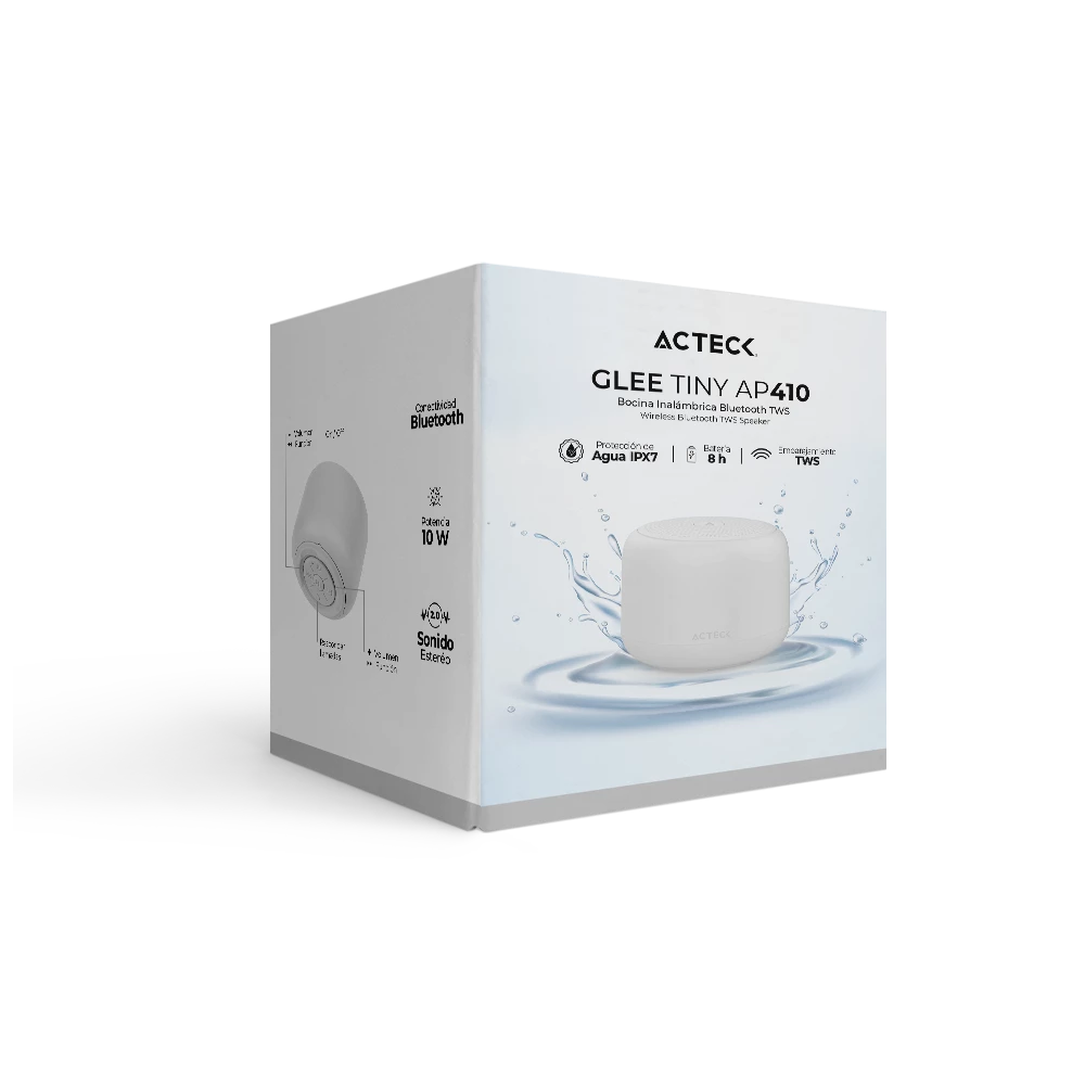 Bocina Portátil de ambientación | Glee Tiny AP410 | Bluetooth 5.0 + TWS + IPX7 + 5W + Alimentación Tipo-C Batería Recargable Li-Ion de 8h | Advanced Series | Blanco