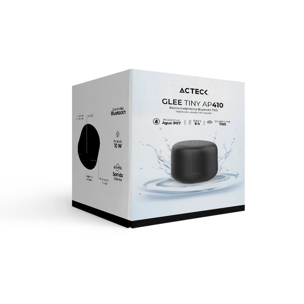 Bocina Portátil de ambientación | Glee Tiny AP410 | Bluetooth 5.0 + TWS + IPX7 + 5W + Alimentación Tipo-C Batería Recargable Li-Ion de 8h | Advanced Series | Negro
