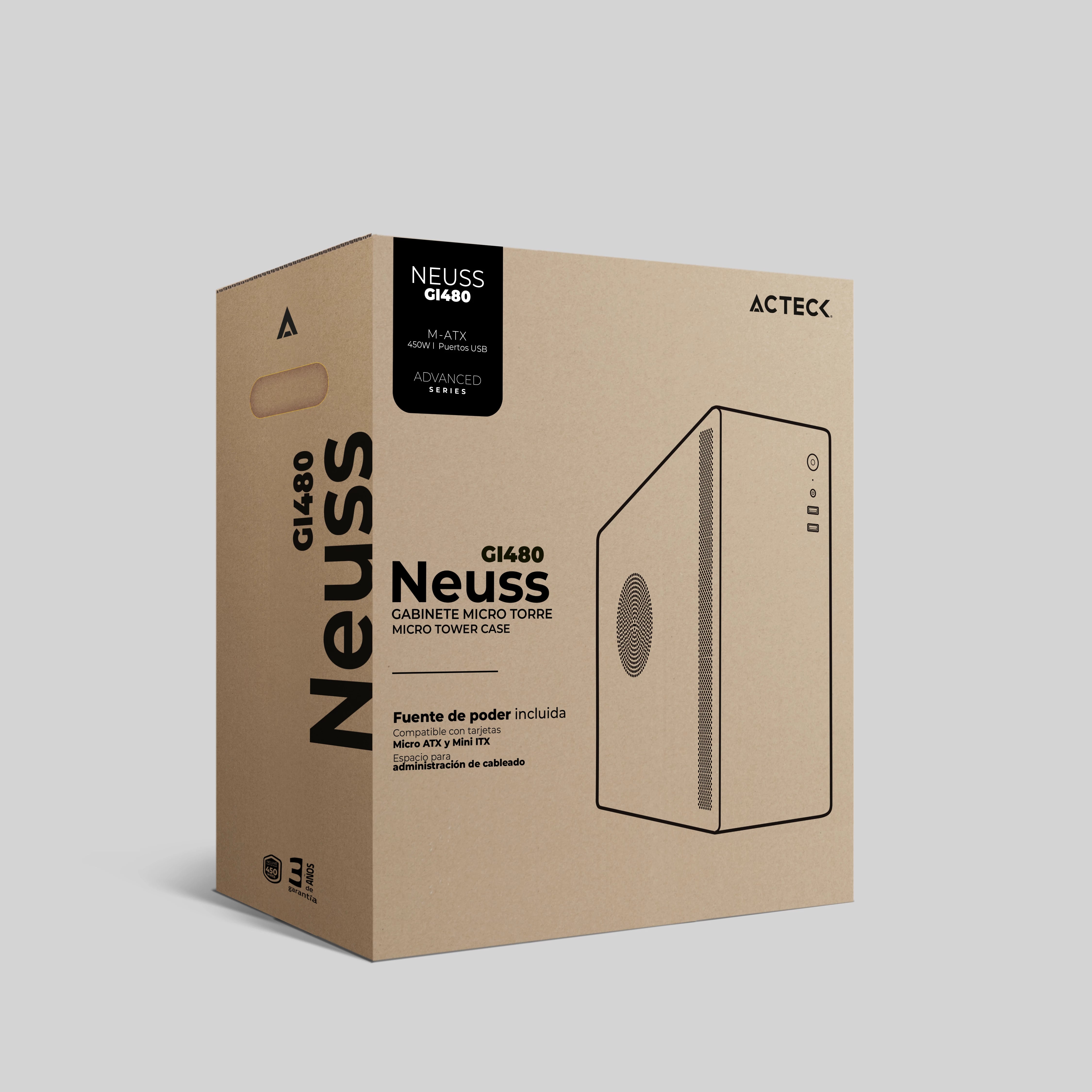 Gabinete Mini Torre | Neuss GI480 | Max MB M-ATX Fuente SFX 450 W | 1x USB 3.0 + 1x USB 2.0 + 1xFan | Full Metálico + Frente Sólido | Negro