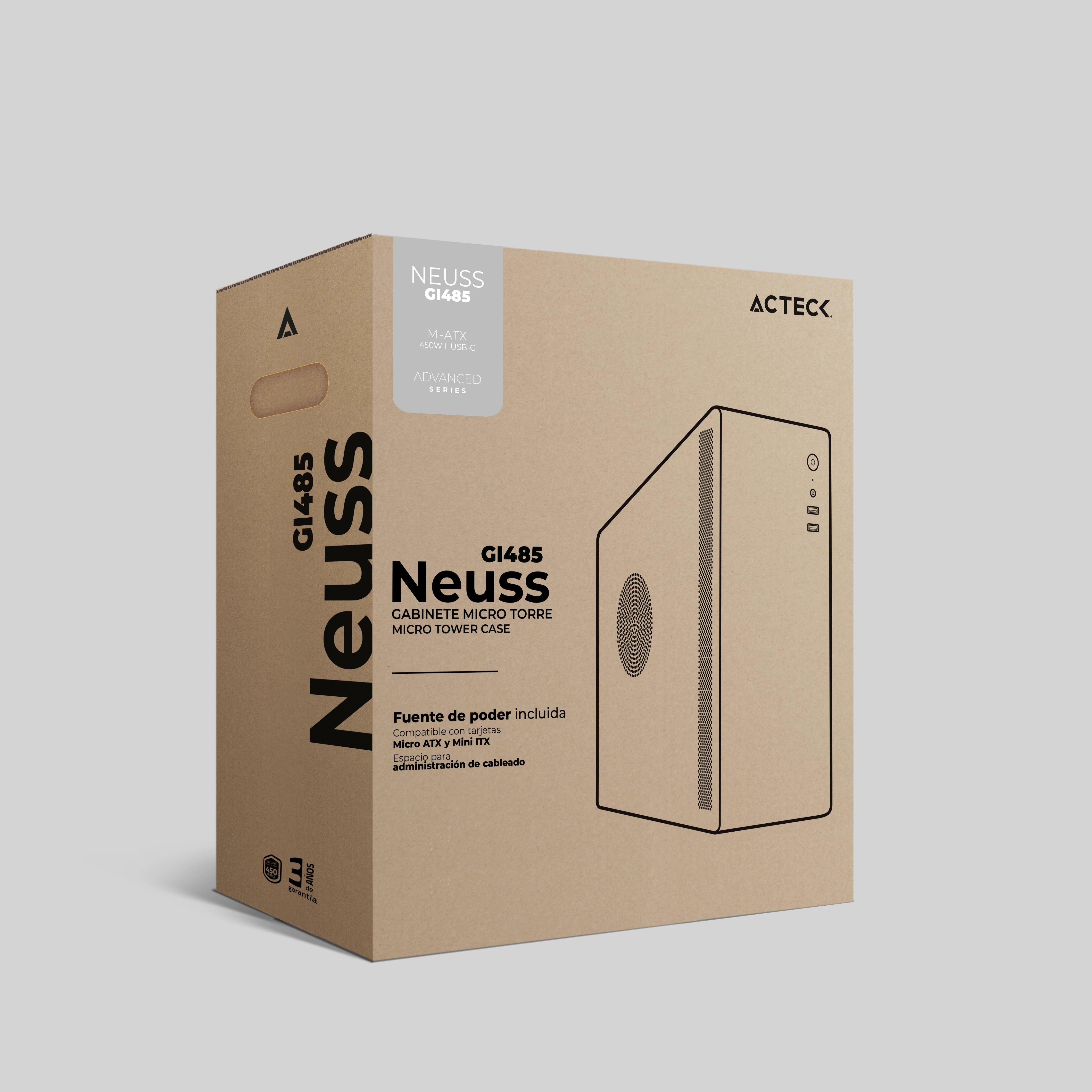 Gabinete Mini Torre | Neuss GI485 | Max MB M-ATX Fuente SFX 450 W | 1x USB 3.0 + 1x USB 2.0 + 1x USB-C 3.1 + 1xFan | Full Metálico + Frente Sólido | Blanco