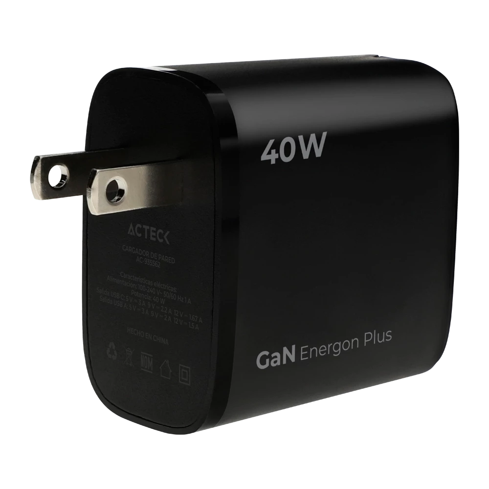 Cargador de Pared | Energon Plus CP440 | Tecnología GaN Carga Ultra Rápida | 40W | 2x USB C PD + 1x USB A | Elite Negro