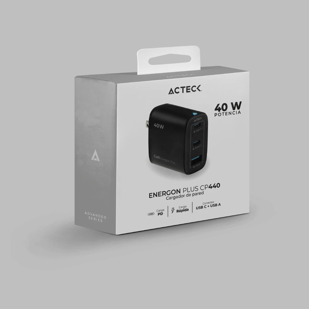 Cargador de Pared | Energon Plus CP440 | Tecnología GaN Carga Ultra Rápida | 40W | 2x USB C PD + 1x USB A | Elite Negro