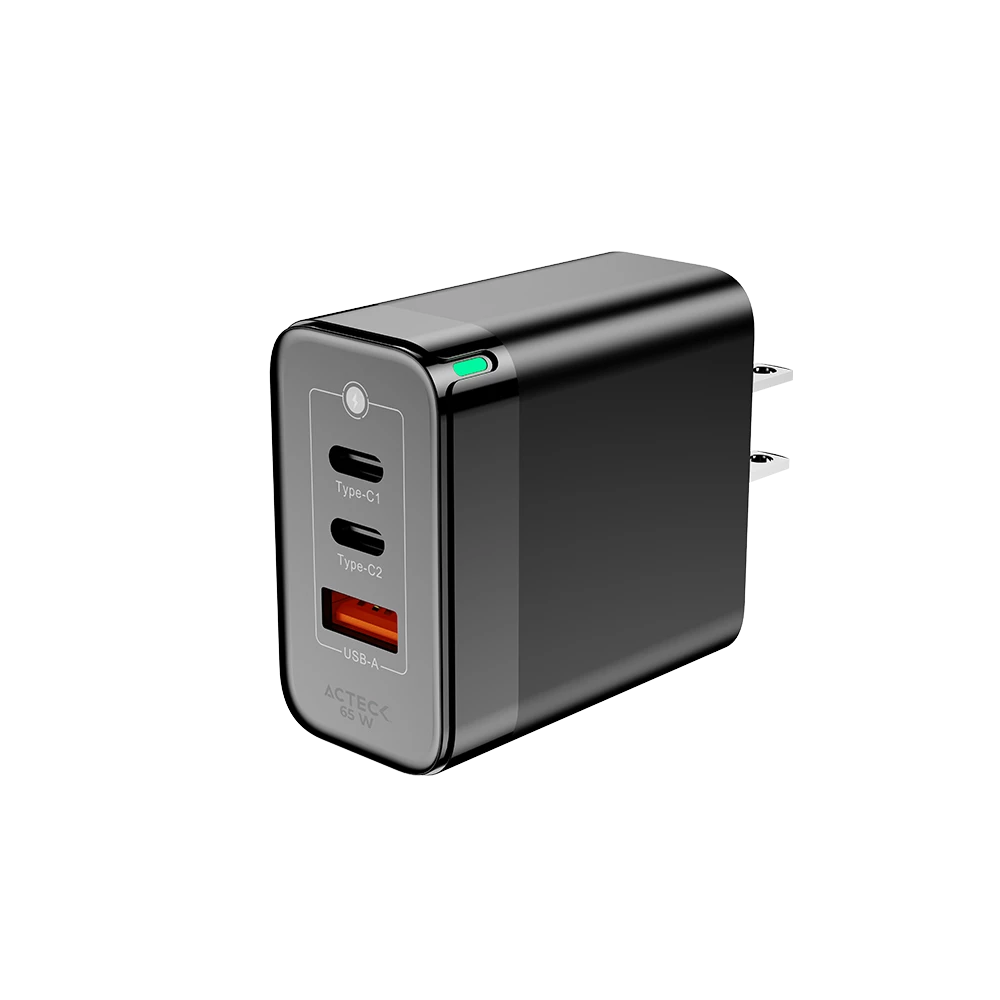 Cargador de Pared | Energon Pro CP665 | con tecnologia GaN Carga Ultra Rapida 65W + 2x USB-C PD + 1x USB A | Elite Series Negro