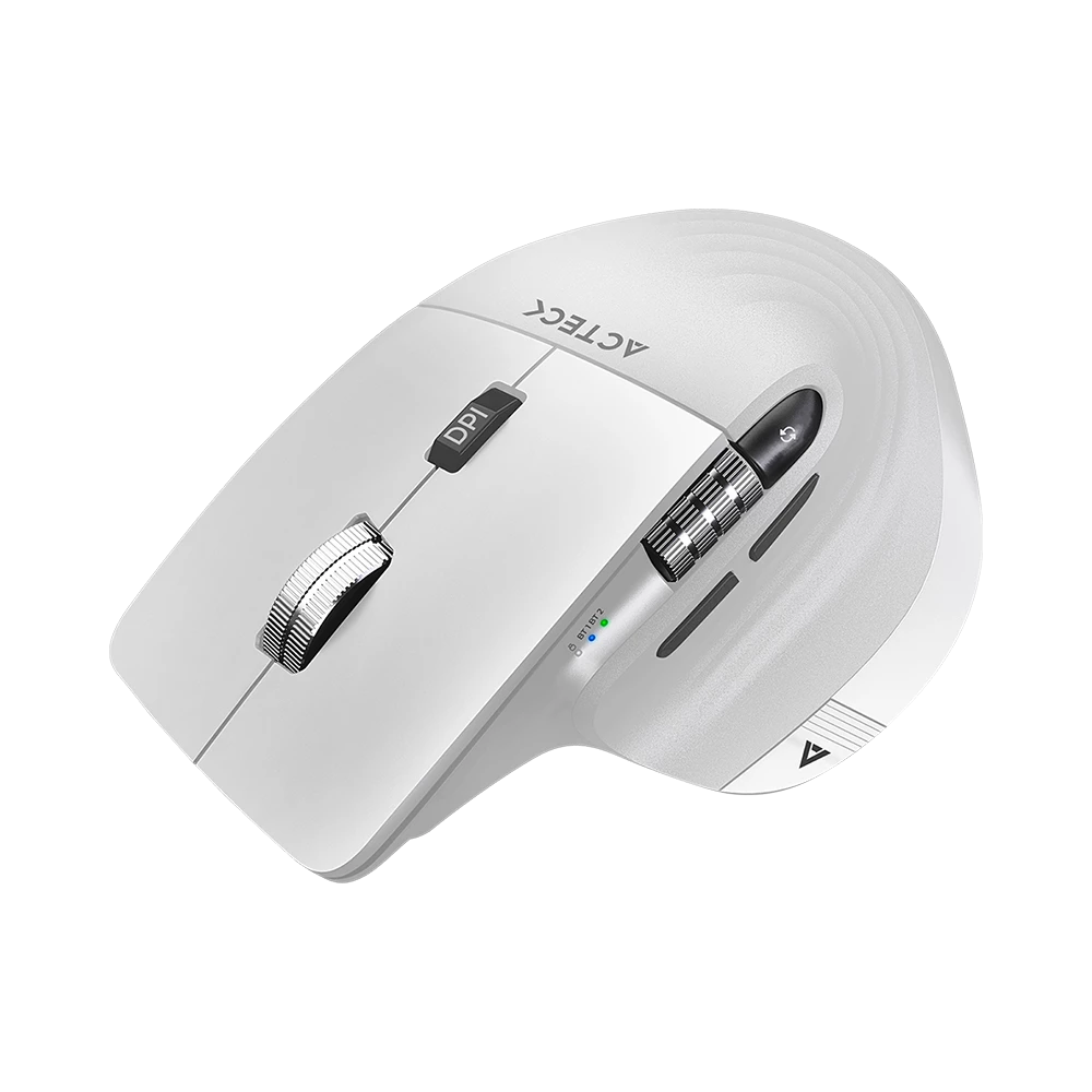 Mouse Ergonomico Profesional | Virtuos Pro MI780 | 2.4 Ghz + 2 Modos Bluetooth hasta 3,200 DPI  4 Nvl + Scroll rapido Vert y Horz + Bat Litio Recargable 50h + USB-C Elite Series Blanco