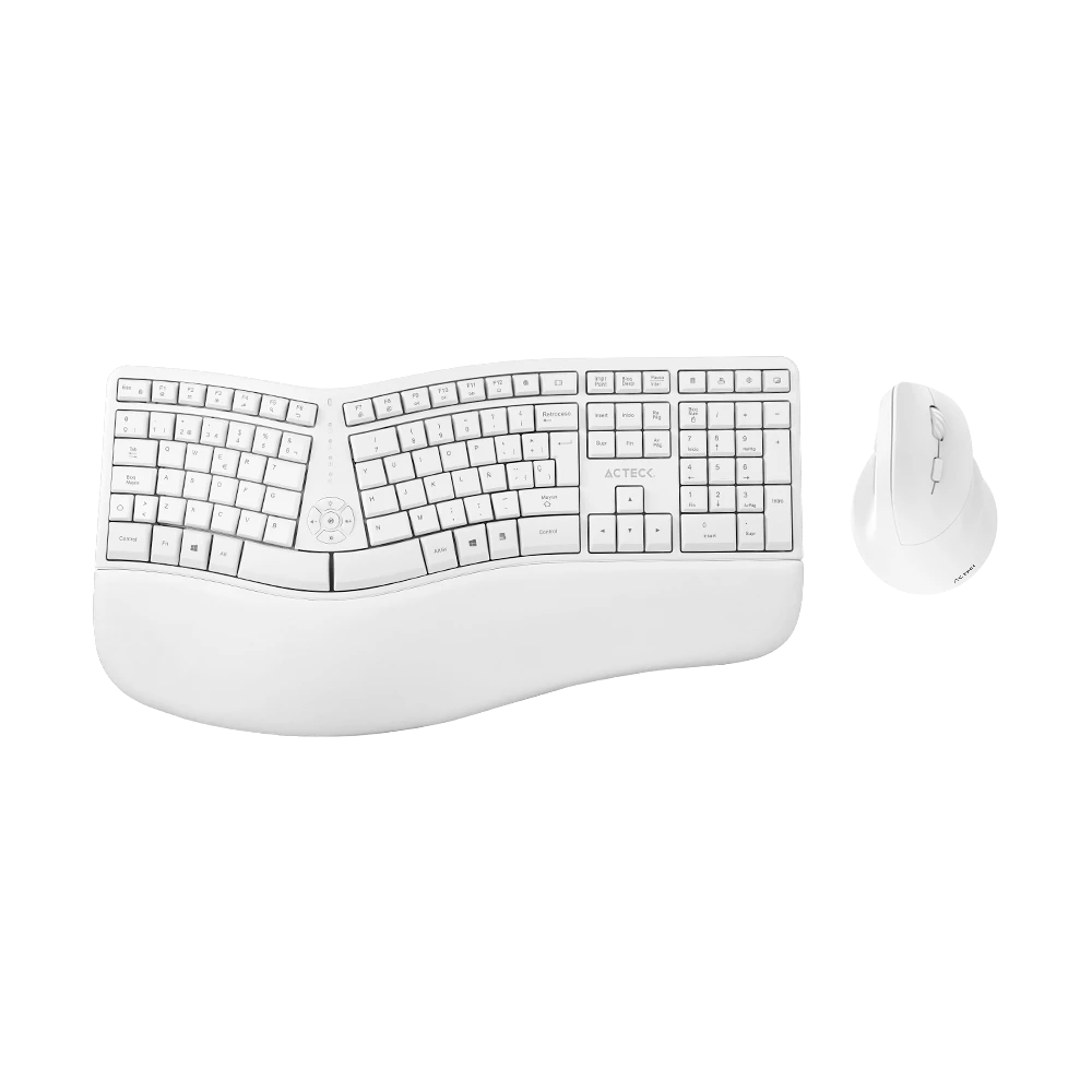 Combo Creator Virtuos Fitt MK770 2 en 1 / Teclado Ergonómico + Mouse Vertical/ Inalámbrico 2.4 GHz+ Recarga USB C / Blanco