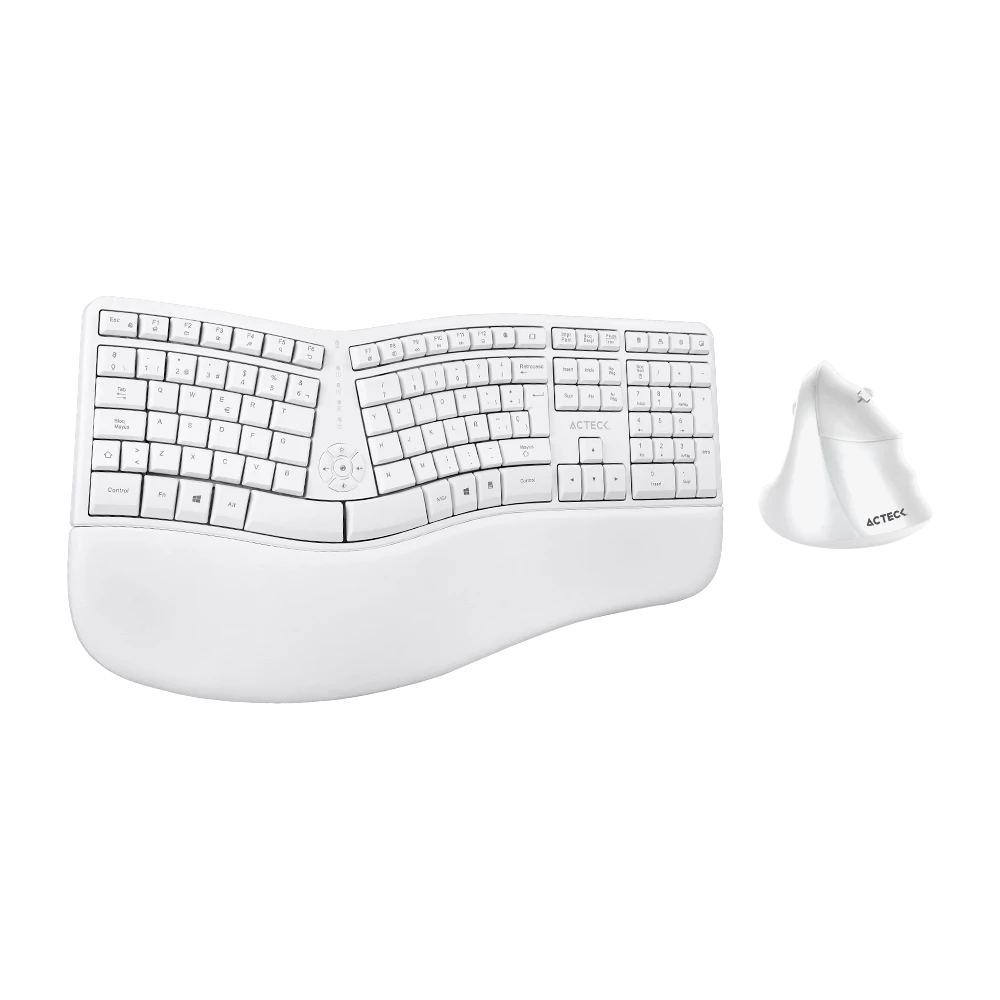 Combo Creator Virtuos Fitt MK770 2 en 1 / Teclado Ergonómico + Mouse Vertical/ Inalámbrico 2.4 GHz+ Recarga USB C / Blanco