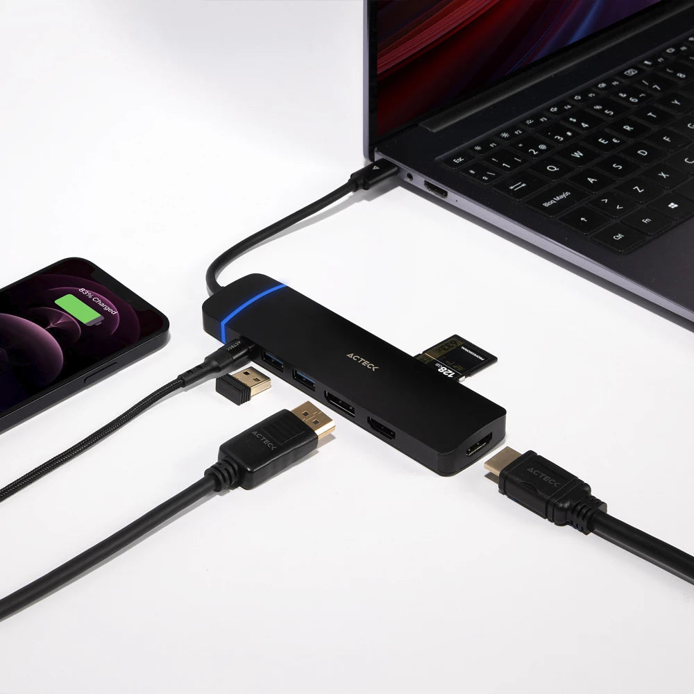 HUB USB C Gate 8V DH676 8 en 1 2xHdmi 4K + DP + 2xUSB 3.0 + SD/TF + Micro SD + USB C PD 100W Elite Series Negro