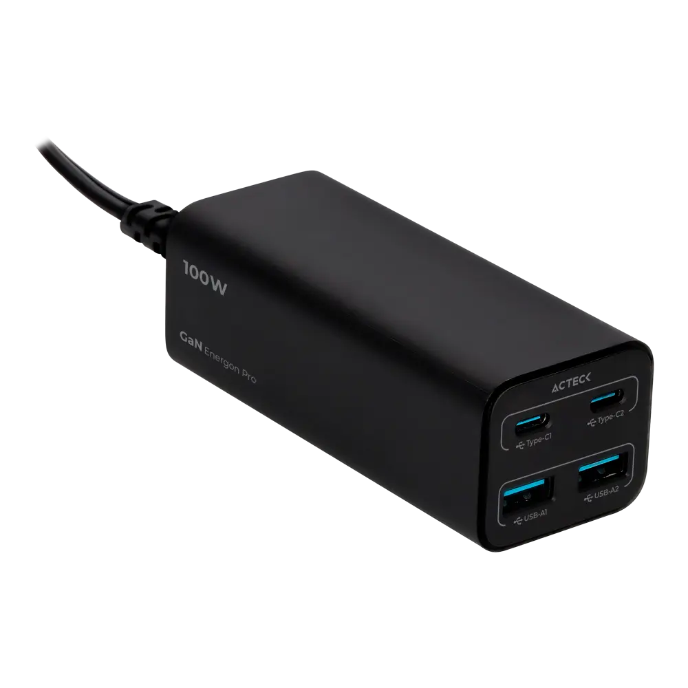 Cargador de Escritorio | Energon Mate CE717 | Tecnología GaN Carga Ultra Rápida 100W | 2x USB C PD + 2x USB A + 2 AC | Negro