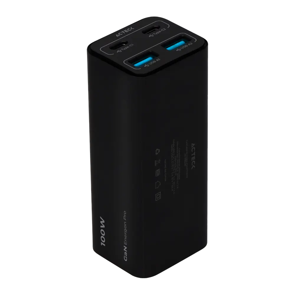 Cargador de Escritorio | Energon Mate CE717 | Tecnología GaN Carga Ultra Rápida 100W | 2x USB C PD + 2x USB A + 2 AC | Negro