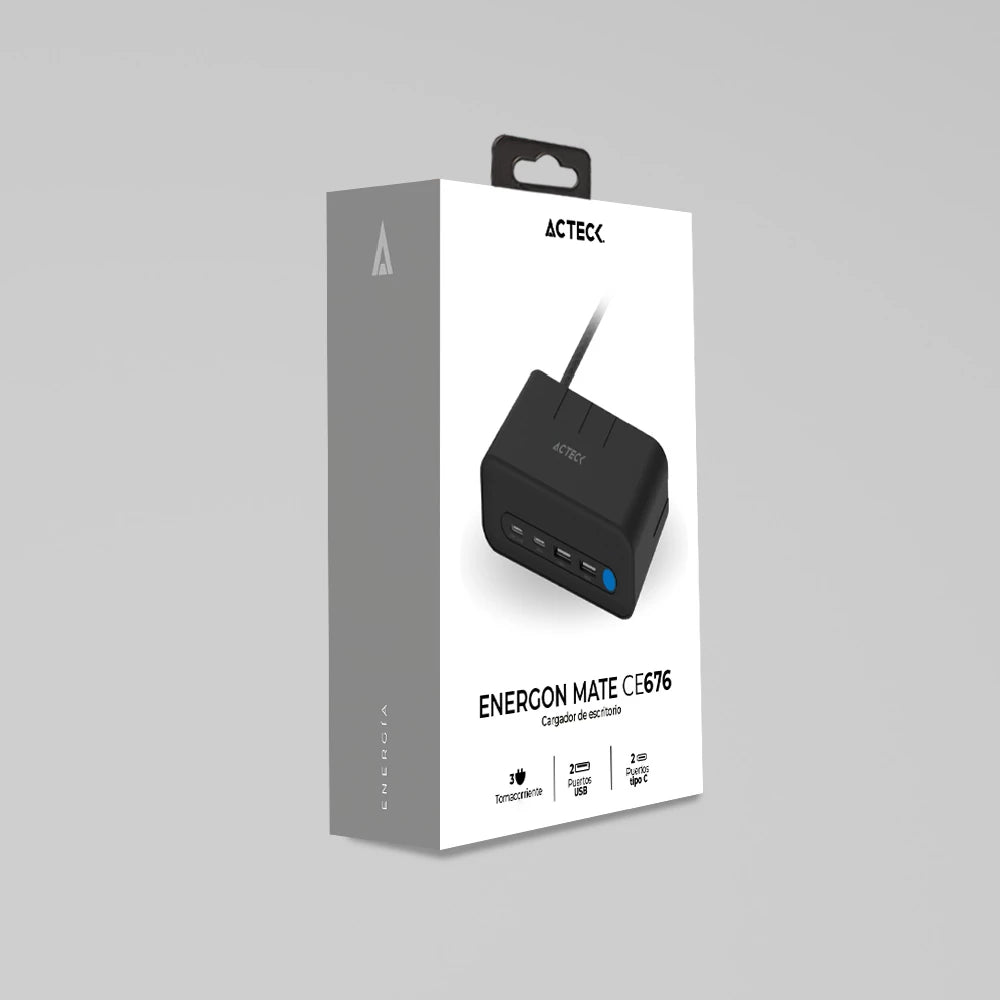 Cargador de Escritorio | Energon Mate CE676 | Carga PD 20W + 3 Conectores de corriente +Supresor de picos | Negro