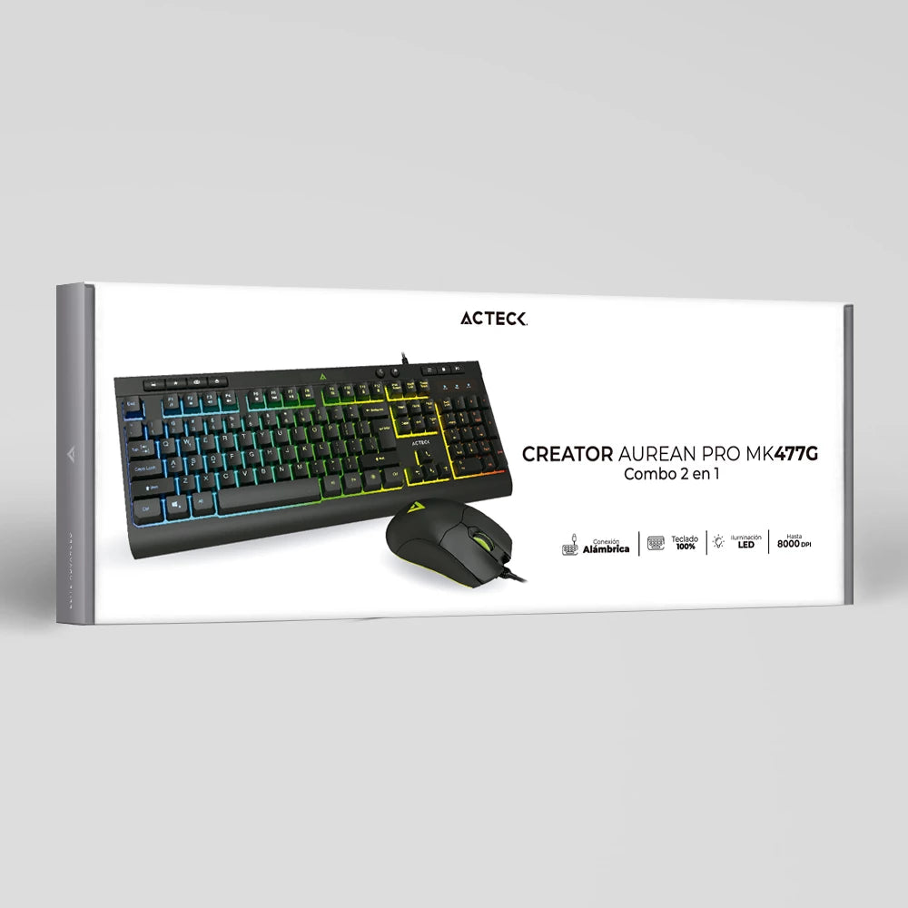 Combo 2 en 1 Creator Aurean Pro MK477G Teclado Diseño Gamer 105 teclas + Mouse Gamer + Hasta 8000 DPI  6 niveles+ 7 Botones Advanced Series Negro