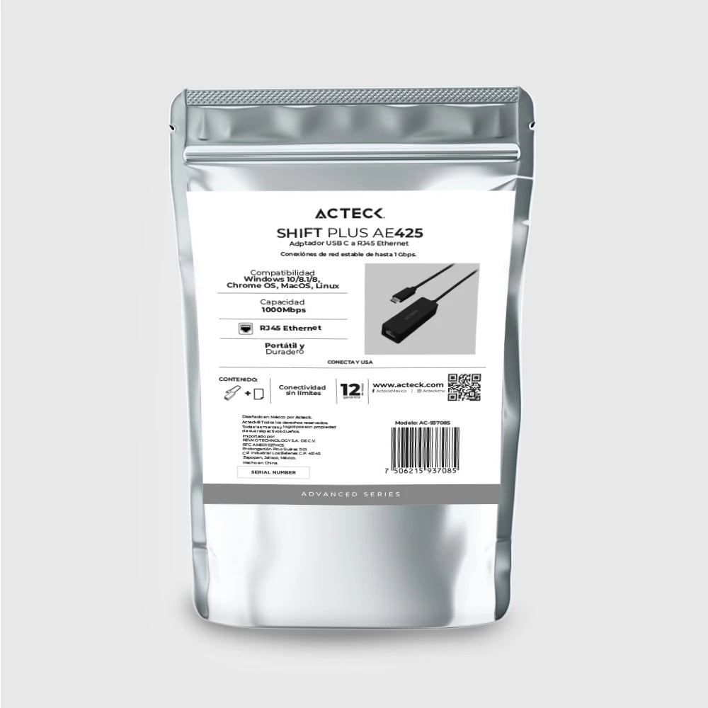 Adaptador USB C a Ethernet RJ45 | Shift Plus AE425 | Negro