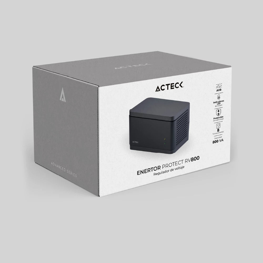 Regulador de Voltaje | Enertor Protect RV800 | 400 W/800 VA | 8 Enchufes+ 1 Metro de Cable Externo| Protección 175 J + LED indicadores | Negro