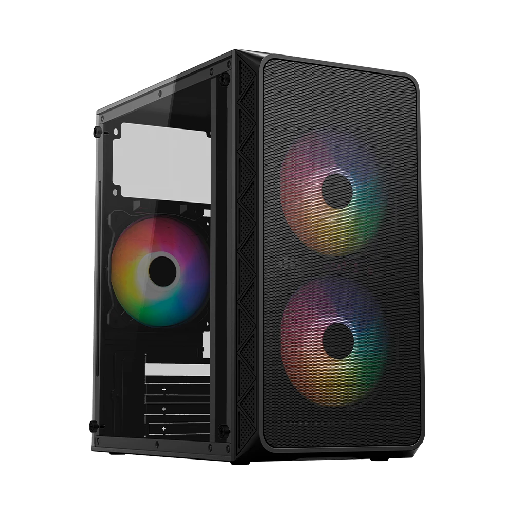 Gabinete Mini Torre | Doom Pro Mesh GI730M | Max MB Mini-ATX Micro-ATX Fuente ATX 600 W | 1x USB 3.0 + 1x USB 2.0 + 3xFan FRGB | Panel Izq Cristal + Frente Mesh | Negro