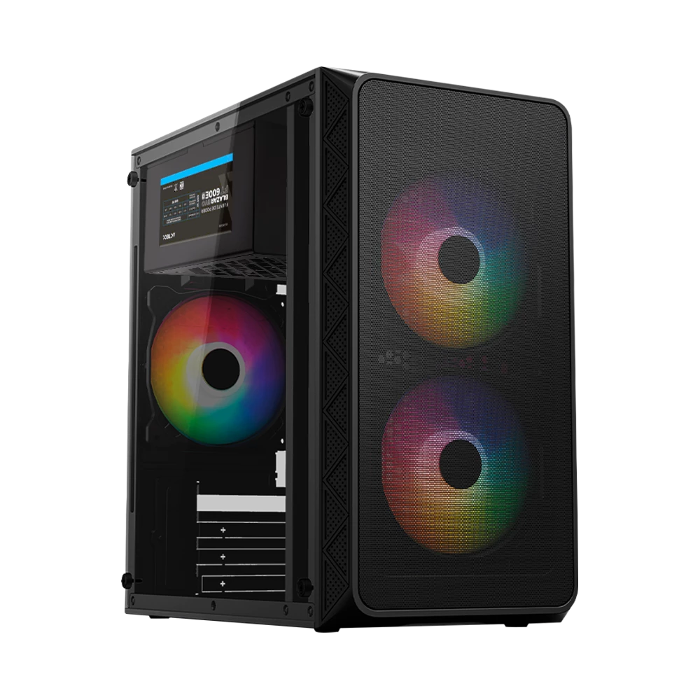 Gabinete Mini Torre | Doom Pro Mesh GI730M | Max MB Mini-ATX Micro-ATX Fuente ATX 600 W | 1x USB 3.0 + 1x USB 2.0 + 3xFan FRGB | Panel Izq Cristal + Frente Mesh | Negro