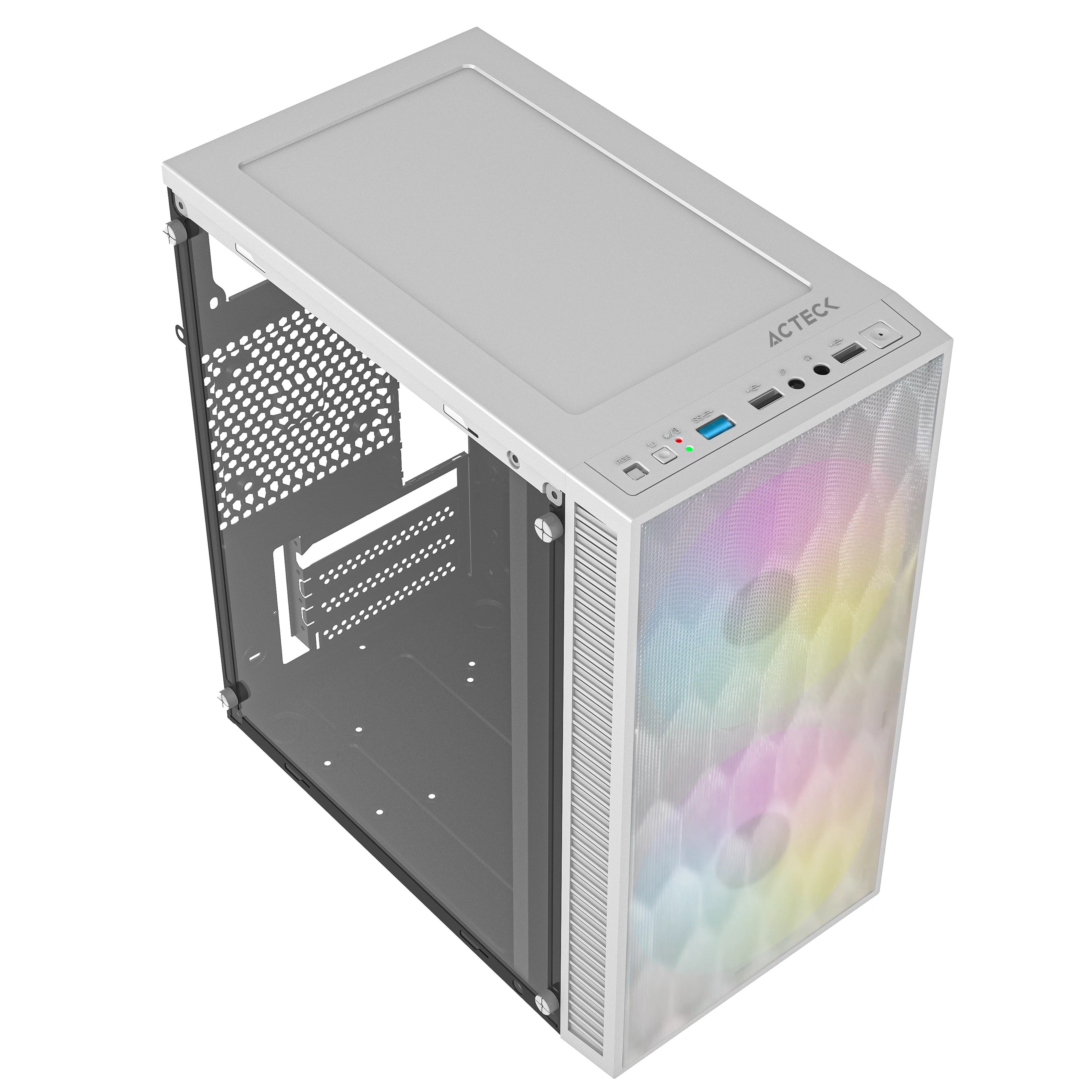 Gabinete Compacto Mini | Torre Fuji GC470 | Max MB M-ATX / Fuente ATX 500 W | 2x USB 2.0 + 1x USB 3.0+ 2x Fan FRGB | Panel Izq Acrilico + Frente Mesh | Blanco