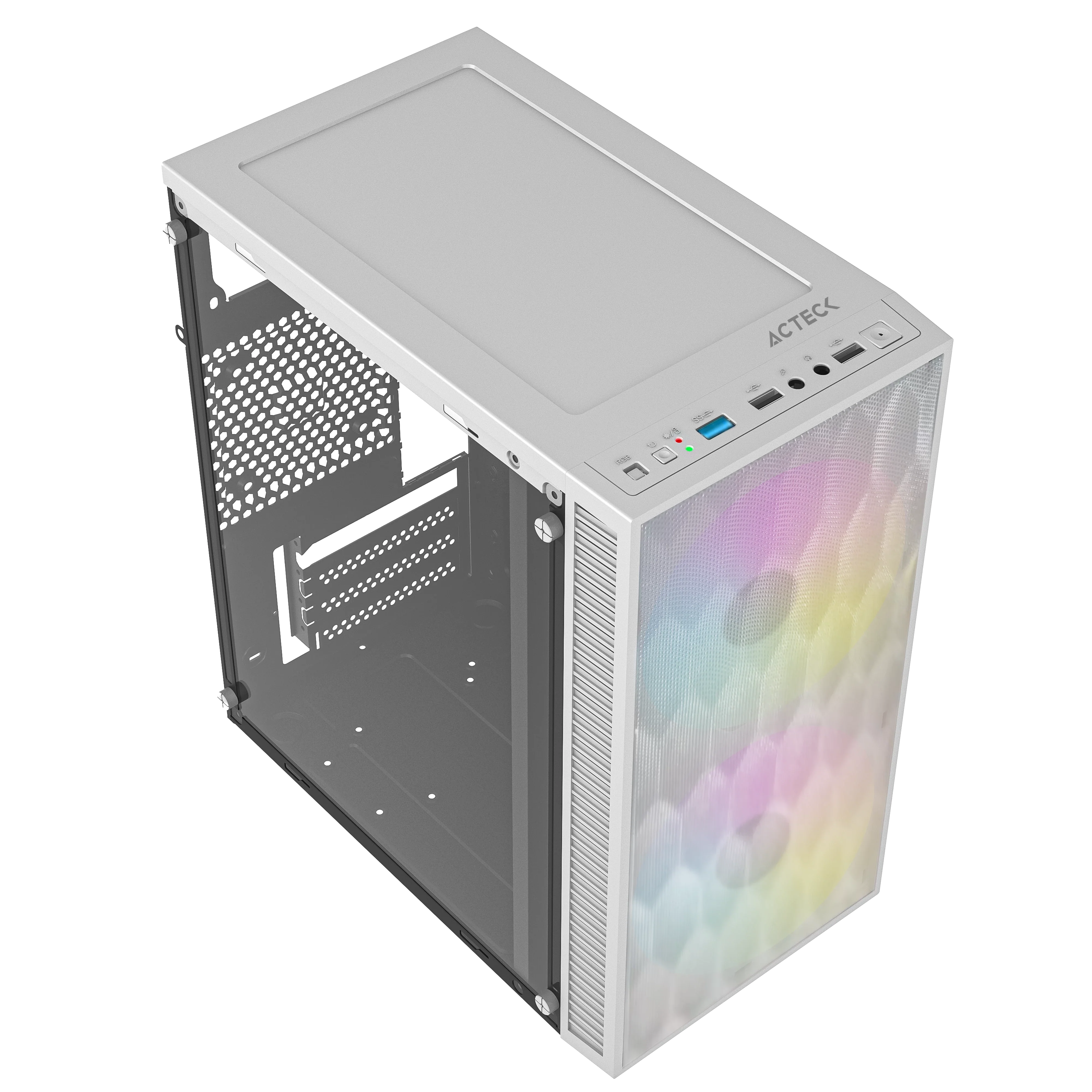 Gabinete Compacto Mini | Torre Fuji GC470 | Max MB M-ATX / Fuente ATX 500 W | 2x USB 2.0 + 1x USB 3.0+ 2x Fan FRGB | Panel Izq Acrilico + Frente Mesh | Blanco