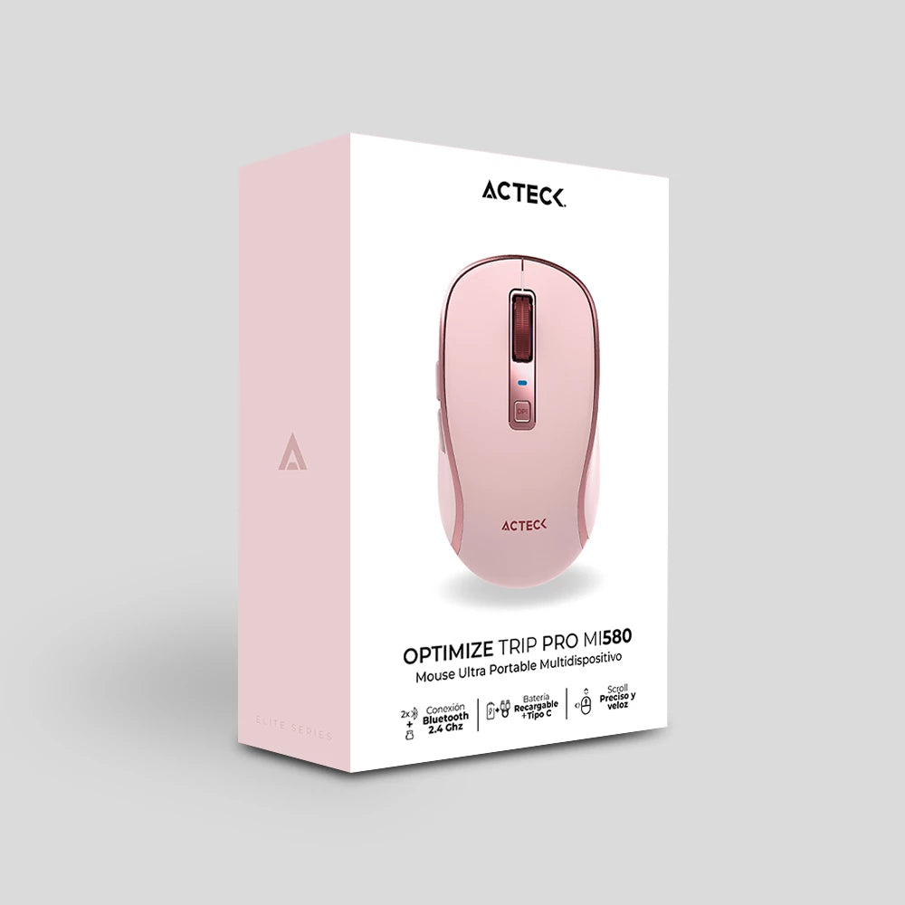 Mouse Multidispositivo | Optimize Trip Pro MI580 | 2.4 GHz + 2 Modos Bluetooth | Hasta 1600 DPI | 6 Botones | Ultra Portable | Recargable | Elite | Rosa