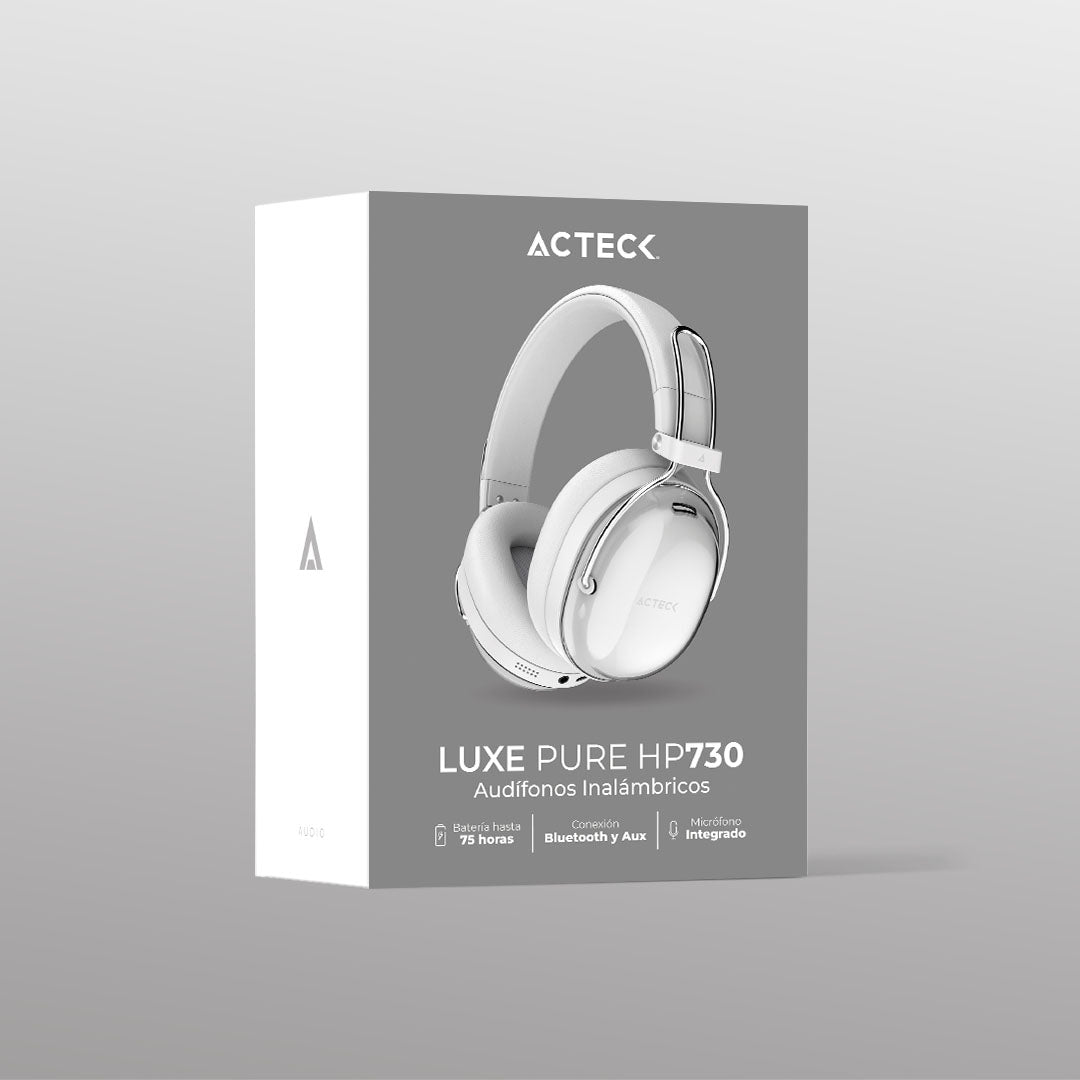 Audífonos Inalámbricos Over Ear | Luxe Pure HP730 | Bluetooth 5.4 | Bocinas 40 mm | Cancelación de ruido Híbrido + Mic | Almohadillas de Cuero Proteico + Memory Foam | Recargables | Elite | Blanco
