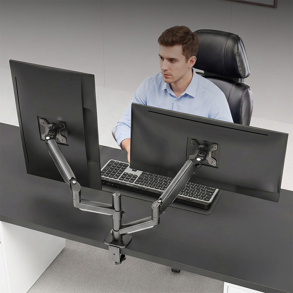 Soporte para Doble Monitor C/Ajuste mecanico de altura con C-Clamp | Enforce Motion SM728 | Negro