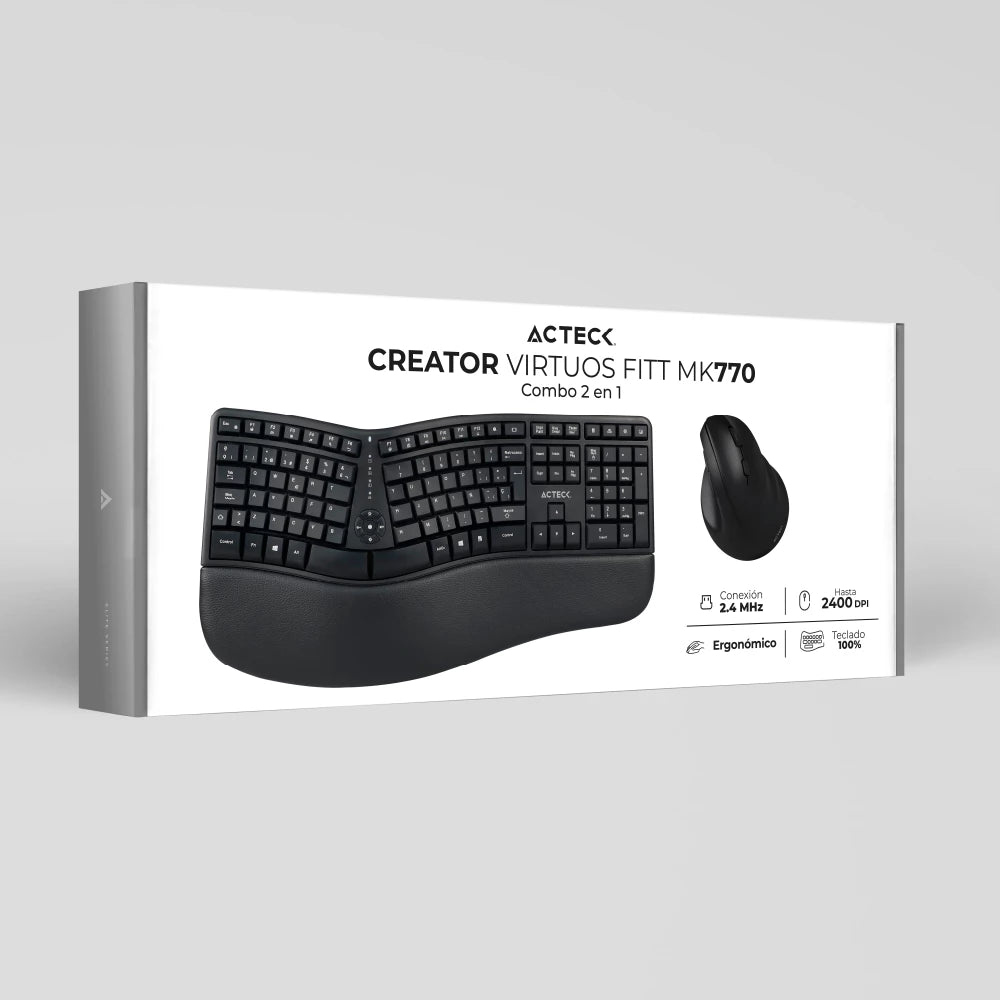 Combo Creator Virtuos Fitt MK770 2 en 1 + Inalámbrico / 2.4 GHz + Teclado Ergonómico + Mouse Vertical/ Recarga USB C / Negro