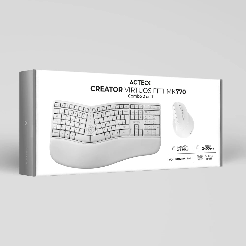 Combo Creator Virtuos Fitt MK770 2 en 1 / Teclado Ergonómico + Mouse Vertical/ Inalámbrico 2.4 GHz+ Recarga USB C / Blanco