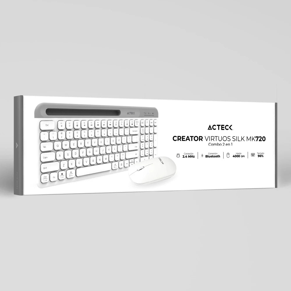 Combo Creator Virtuos Silk MK720 2 en 1 / Teclado Ergonómico + Mouse Vertical/ Inalámbrico 2.4 GHz+ Recarga USB C / Blanco