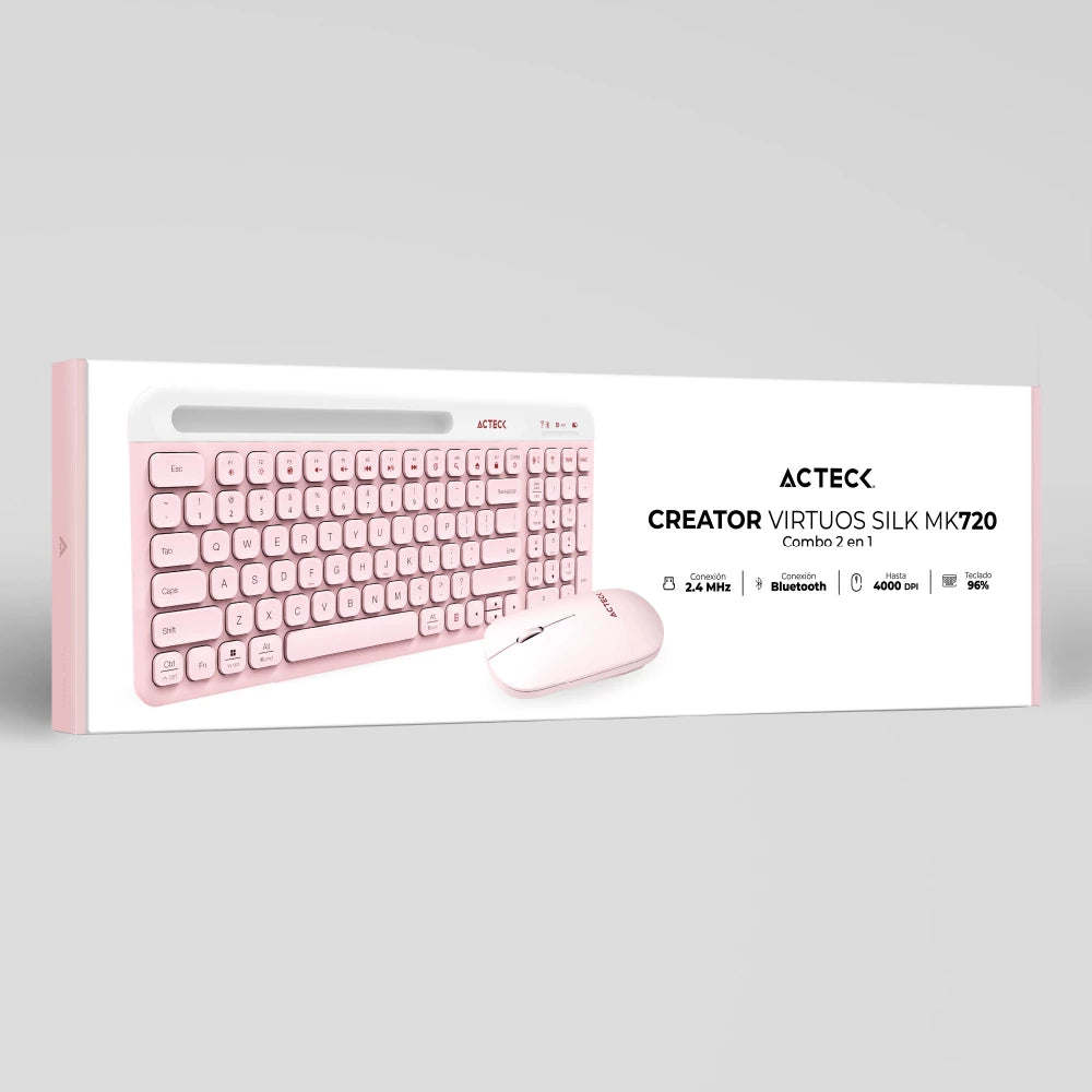 Combo Creator Virtuos Silk MK720 2 en 1 / Teclado Ergonómico + Mouse Vertical/ Inalámbrico 2.4 GHz+ Recarga USB C / Rosa