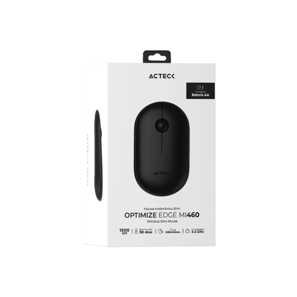 Mouse Ultra Delgado | Optimize Edge MI460 | Inalámbrico 2.4 GHz + 1600 DPI + 2 Botones + 1xBat AA Incluída | Advanced Series |Negro